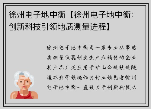徐州电子地中衡【徐州电子地中衡：创新科技引领地质测量进程】